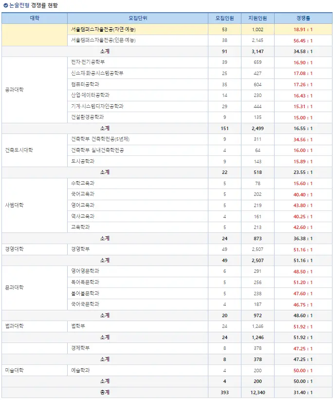출처 : 2024 홍익대학교 수시 경쟁률
