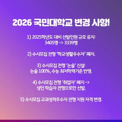 [2026 국민대학교(국민대) 주요 입시 변경사항] 입결 인원, 입시전형, 정시모집, 수능최저까지!