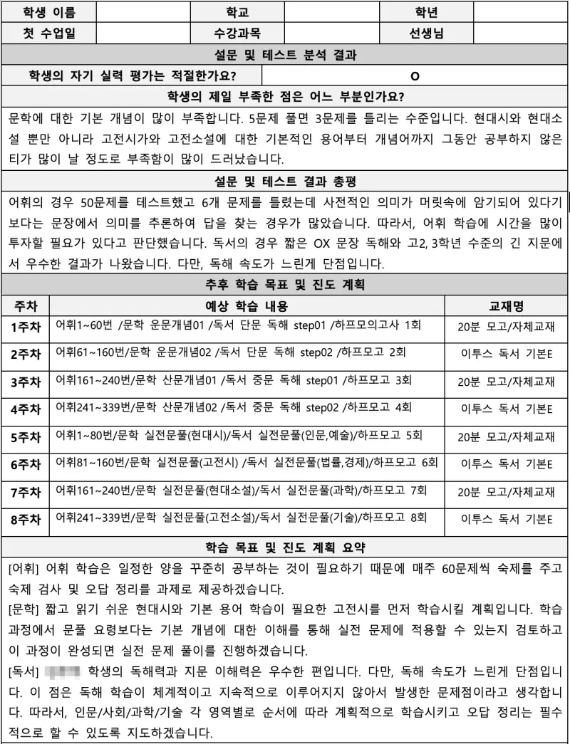 첫수업자료에는 이루리가 파악한 학생의 모든 것이 들어있습니다