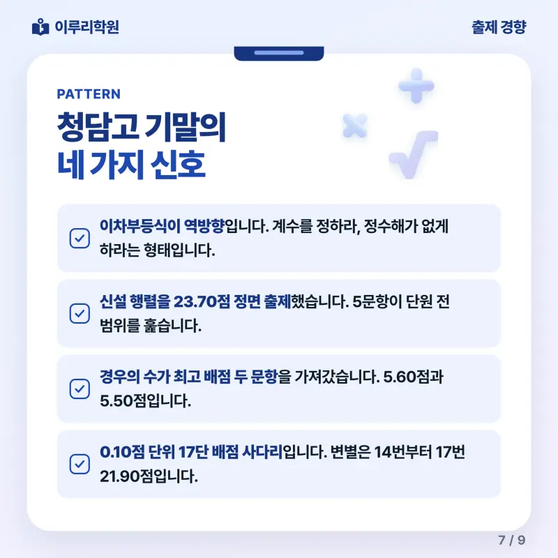 [대치동] 2026 청담고 1학년 1학기 기말고사 수학 분석 - 이루리학원 본문 이미지 7