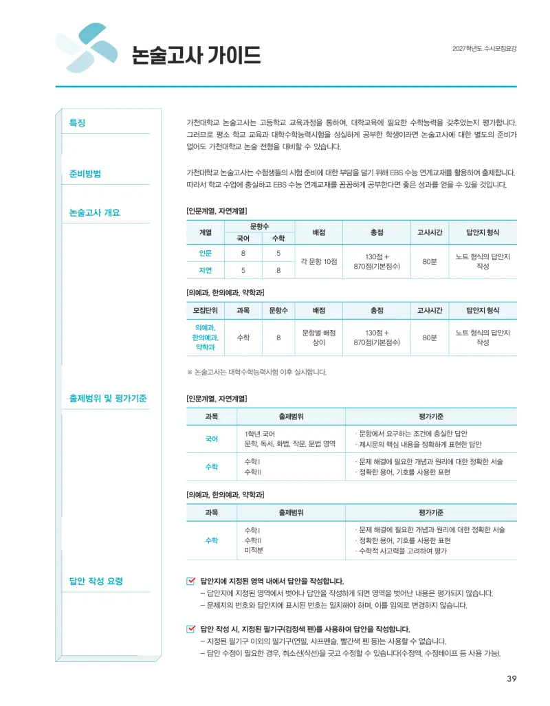 2027 가천대학교(가천대) 약술논술(약술국어, 약술수학) 모집요강 및 출제 특성 - 대치동 이루리학원 본문 이미지 5