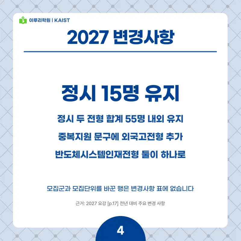 2027 KAIST(카이스트) 정시전형, 일정, 경쟁률, 입결, 변경사항, 반영비율, 모집인원 본문 이미지 4