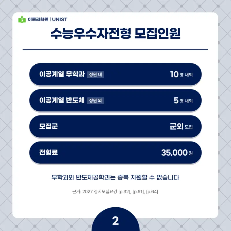 2027 UNIST(유니스트) 정시전형, 일정, 경쟁률, 입결, 변경사항, 반영비율, 모집인원 본문 이미지 2