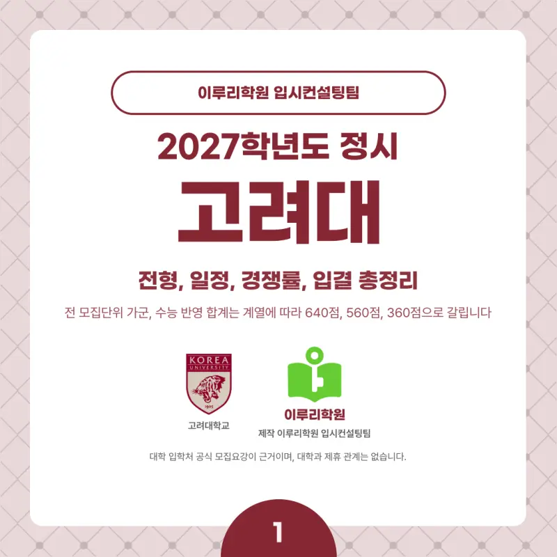 2027 고려대(고대) 정시전형, 일정, 경쟁률, 입결, 변경사항, 반영비율, 모집인원 본문 이미지 1