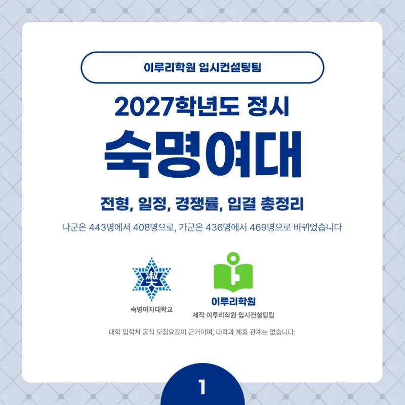 2027 숙명여대(숙대) 정시전형, 일정, 경쟁률, 입결, 변경사항, 반영비율, 모집인원 본문 이미지 1