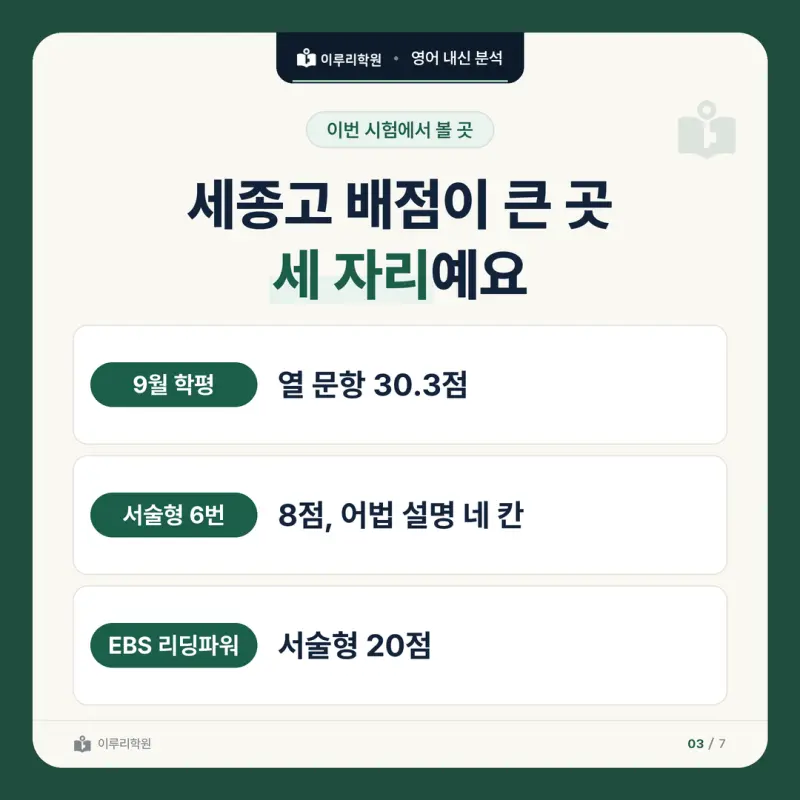 [대치동 영어학원] 세종고 영어 내신 분석 및 대비 방법 - 1학년 2학기 중간고사 공통영어2 30문항 뜯어보기와 기말고사 대비 본문 이미지 3