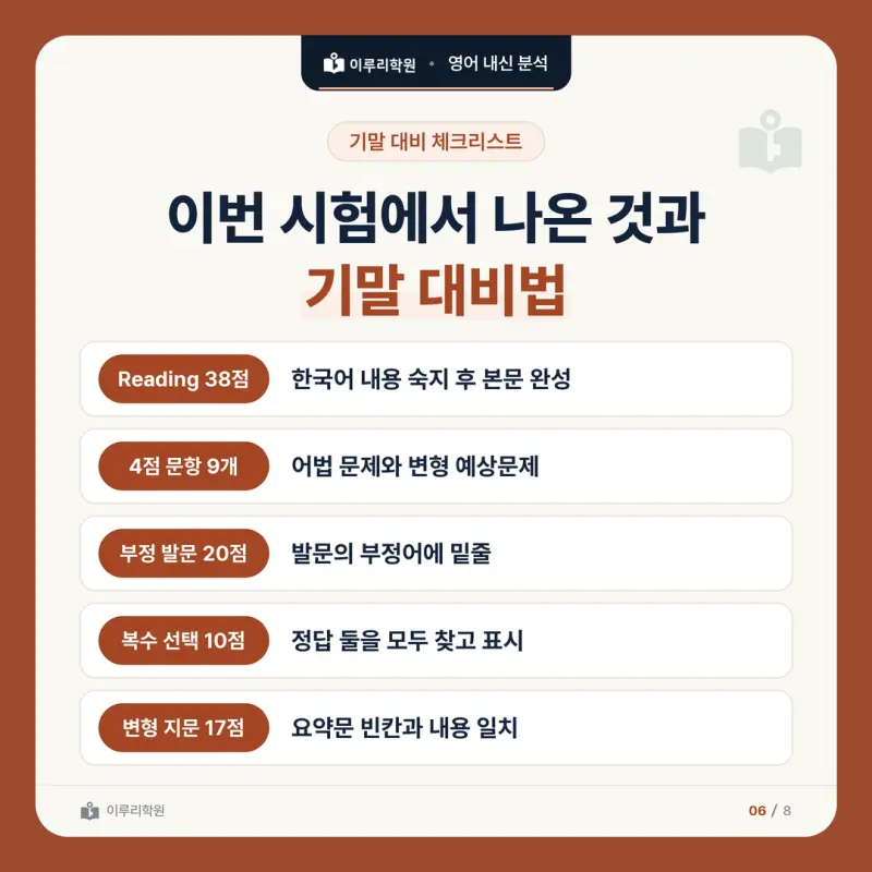 [대치동 영어학원] 구룡중 영어 내신 분석 및 대비 방법 - 3학년 2학기 중간고사 파트별 출제 비율과 공부법 본문 이미지 6