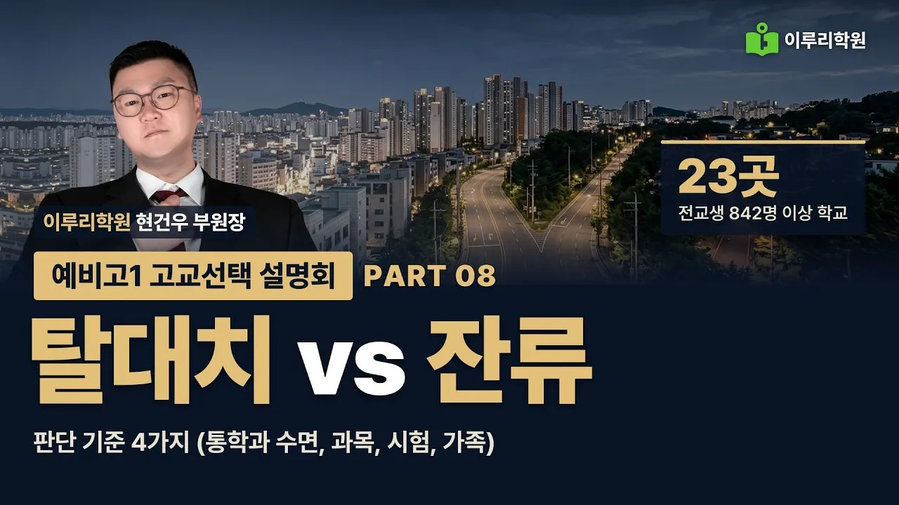 [예비고1 고교선택 설명회 8/8] 탈대치 vs 잔류, 판단 기준 4가지  현건우 부원장 영상 썸네일